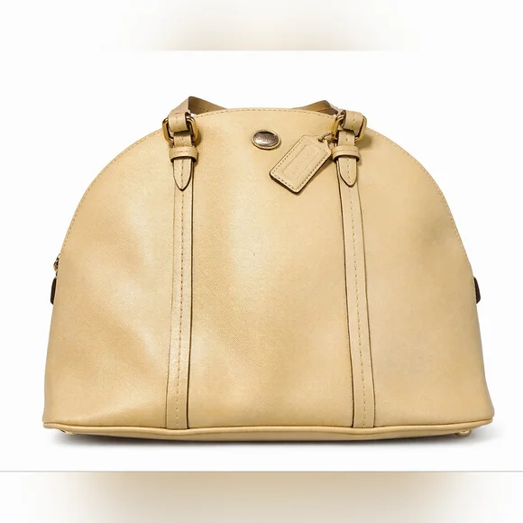 Coach Peyton Saffiano Leather Dome Satchel Cream Gold Champagne Metallic Bag - Picture 2 of 16